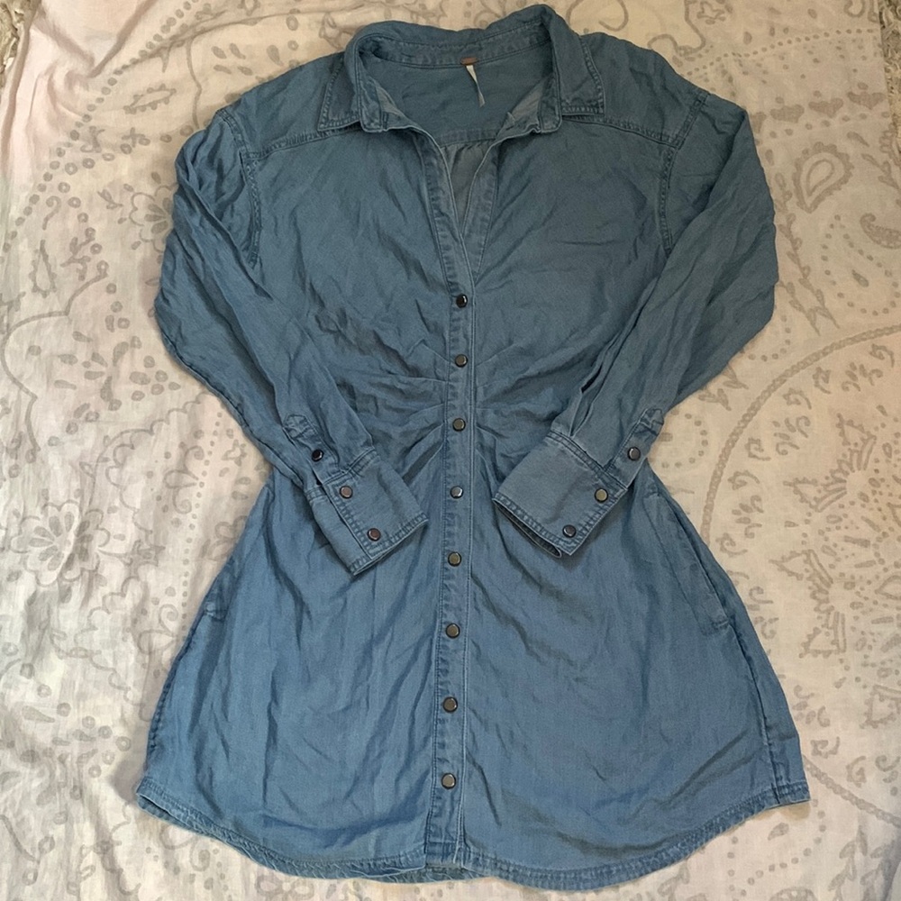Free People Snap Button Up Mini Dress Size XS Blue Jean